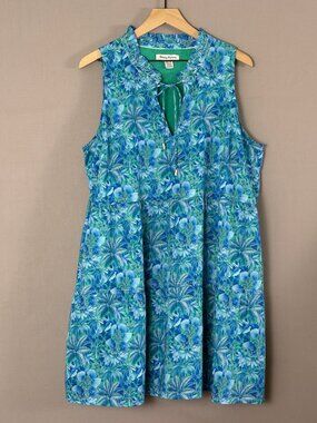 Tommy Bahama Blue Green Floral Tie Neck Dress XL Pockets